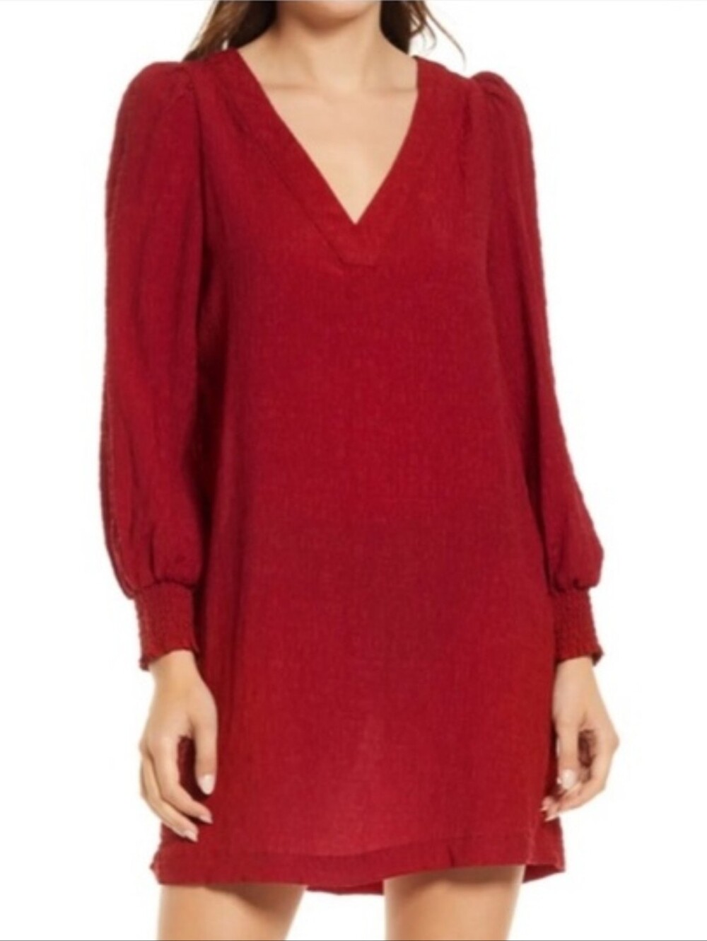 NWT Steve Madden Red V-Neck Long Sleeve Smocked Cuff Dress Size Small
